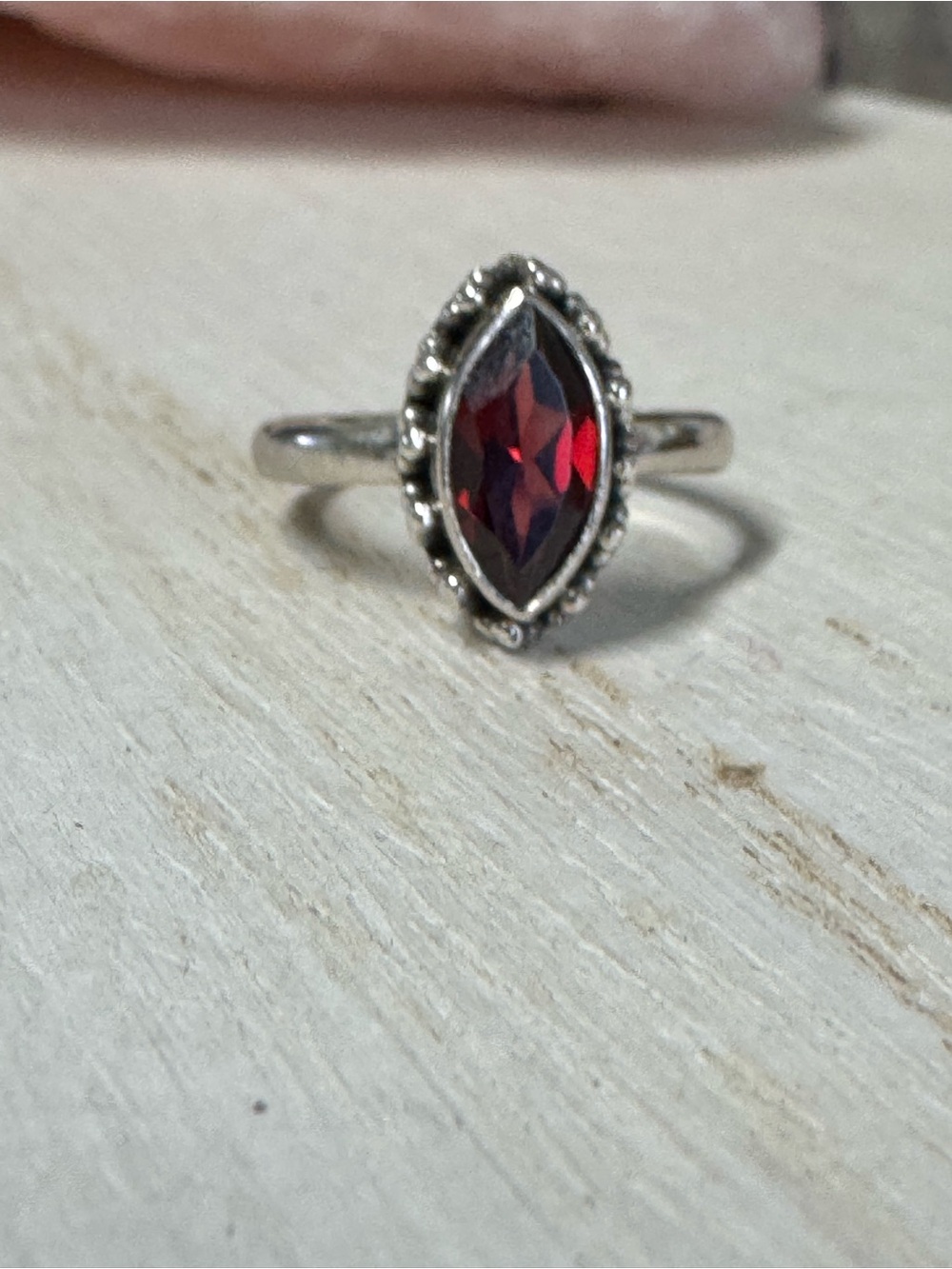 Faceted Garnet Marquis Shadow Box Sterling Silver Ring - Size 6